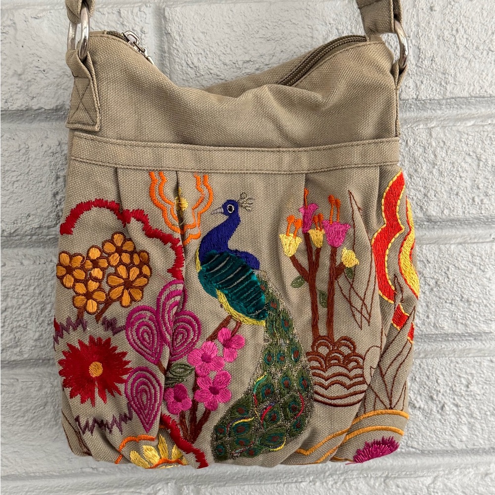 Embroidered Peacock Design Cross Body